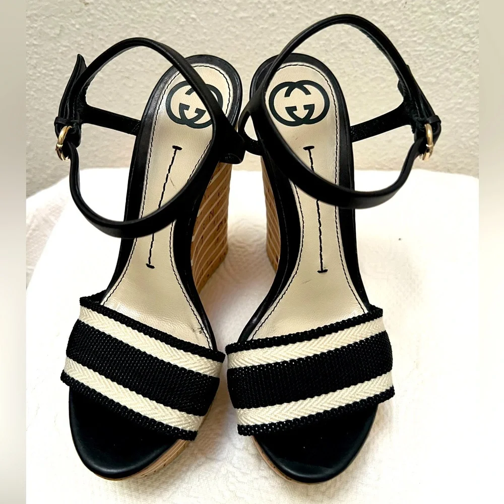 Gucci Black and Cream Wedge Sandals with Ankle Strap